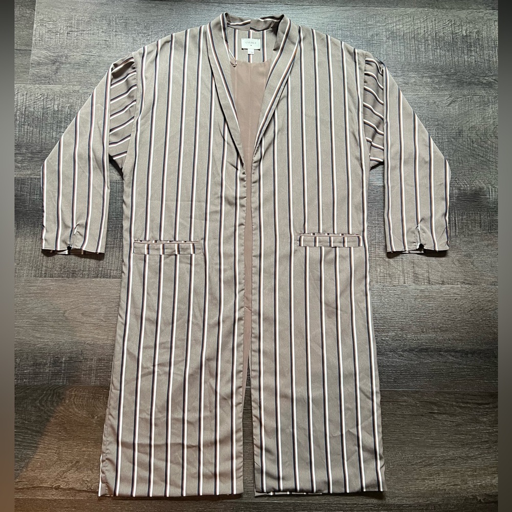 Women’s Everly Striped Long Open Coat, Taupe, SM